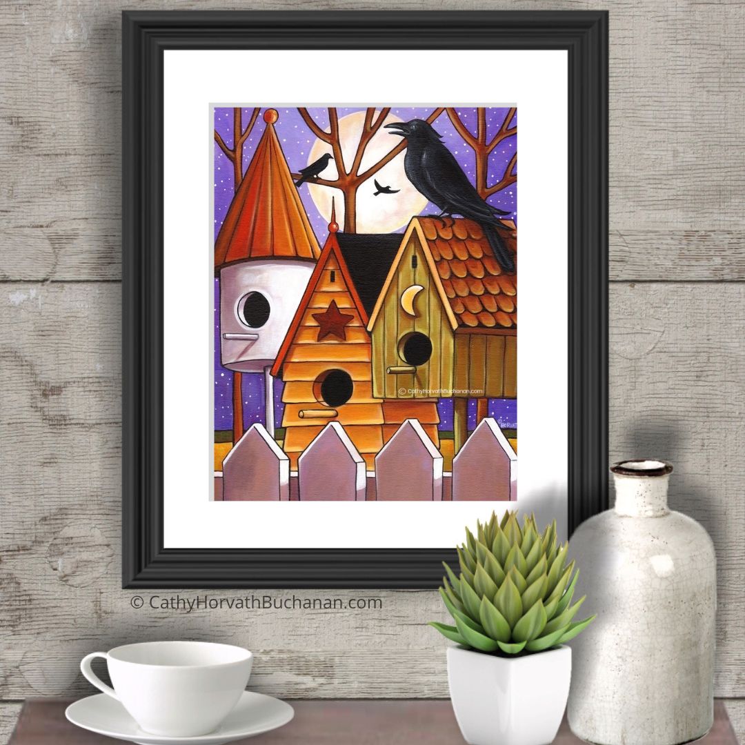 Moon Crows Houses - Art Print Giclee by artist Cathy Horvath Buchanan