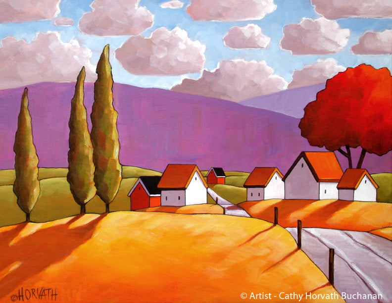Purple Mountain Country Road, Modern Folk Art Print, Landscape Giclee by artist Cathy Horvath Buchanan