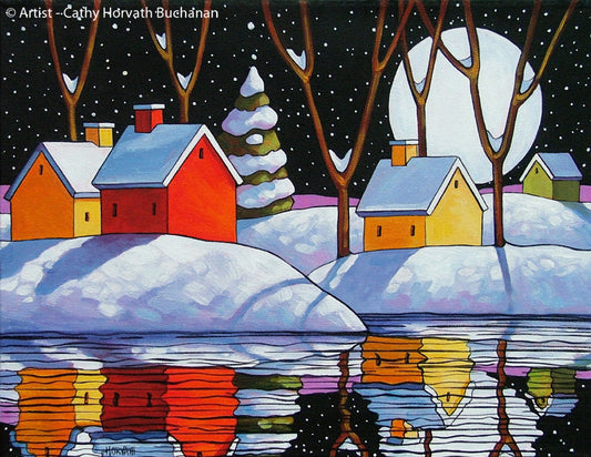 Christmas Night Moon Giclee, Snowy Winter Reflection Art Print by artist Cathy Horvath Buchanan