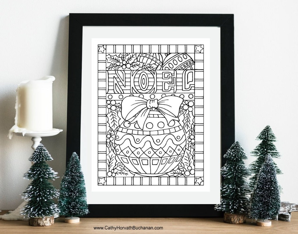 Noel Christmas Ornament Coloring Page Design, PDF Download Printable by Cathy Horvath Buchanan