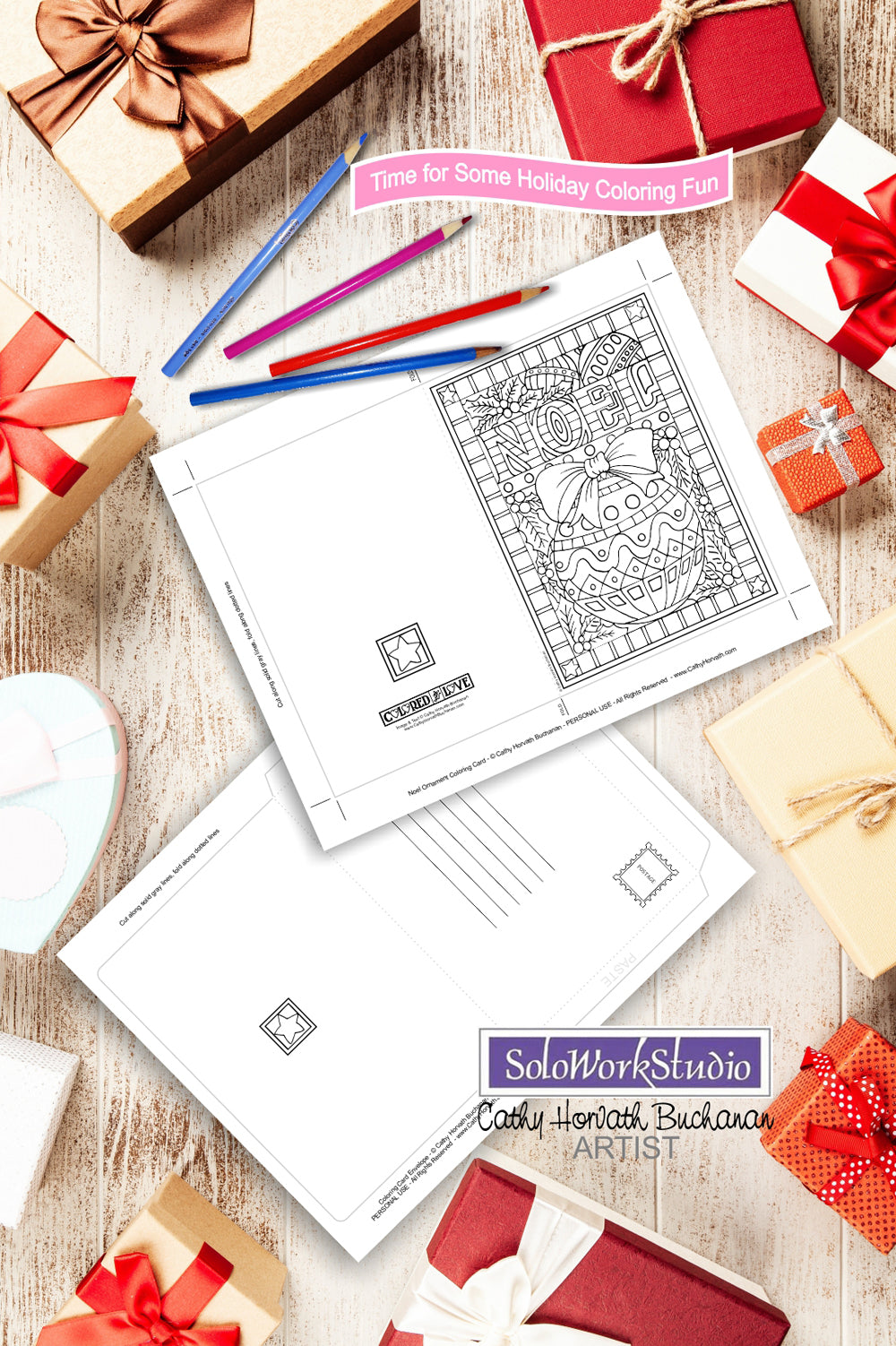 Noel Ornament Coloring Card Kit, Christmas Bulb Card + Envelope, PDF Download