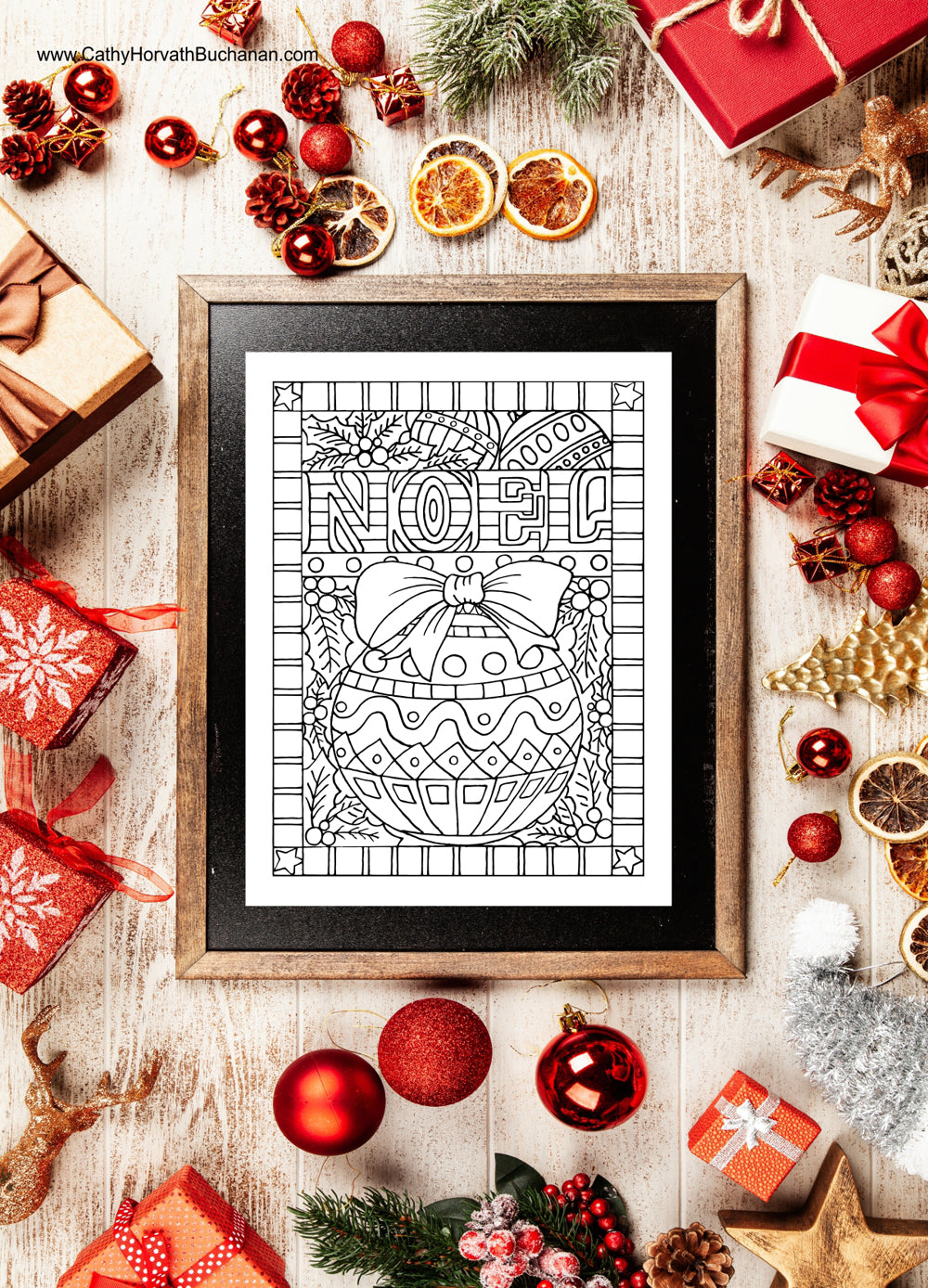 Noel Christmas Ornament Coloring Page Design, PDF Download Printable by Cathy Horvath Buchanan