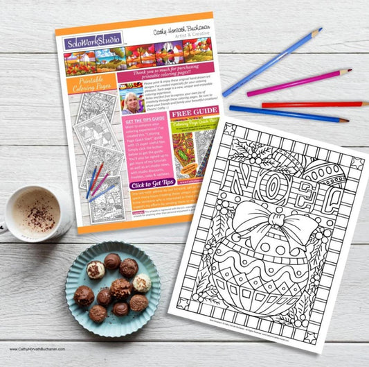 Noel Christmas Ornament Coloring Page Design, PDF Download Printable by Cathy Horvath Buchanan