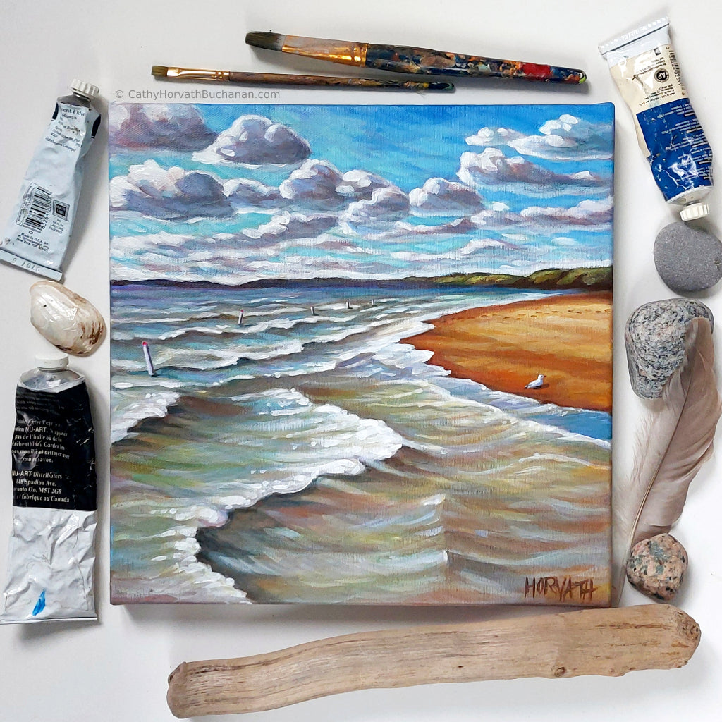 Pierside Waves - Original Painting by artist Cathy Horvath Buchanan with beach objects