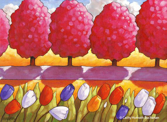 Pink Trees Tulips Garden Path, Spring Folk Art Print, Wall Decor Giclee by artist Cathy Horvath Buchanan