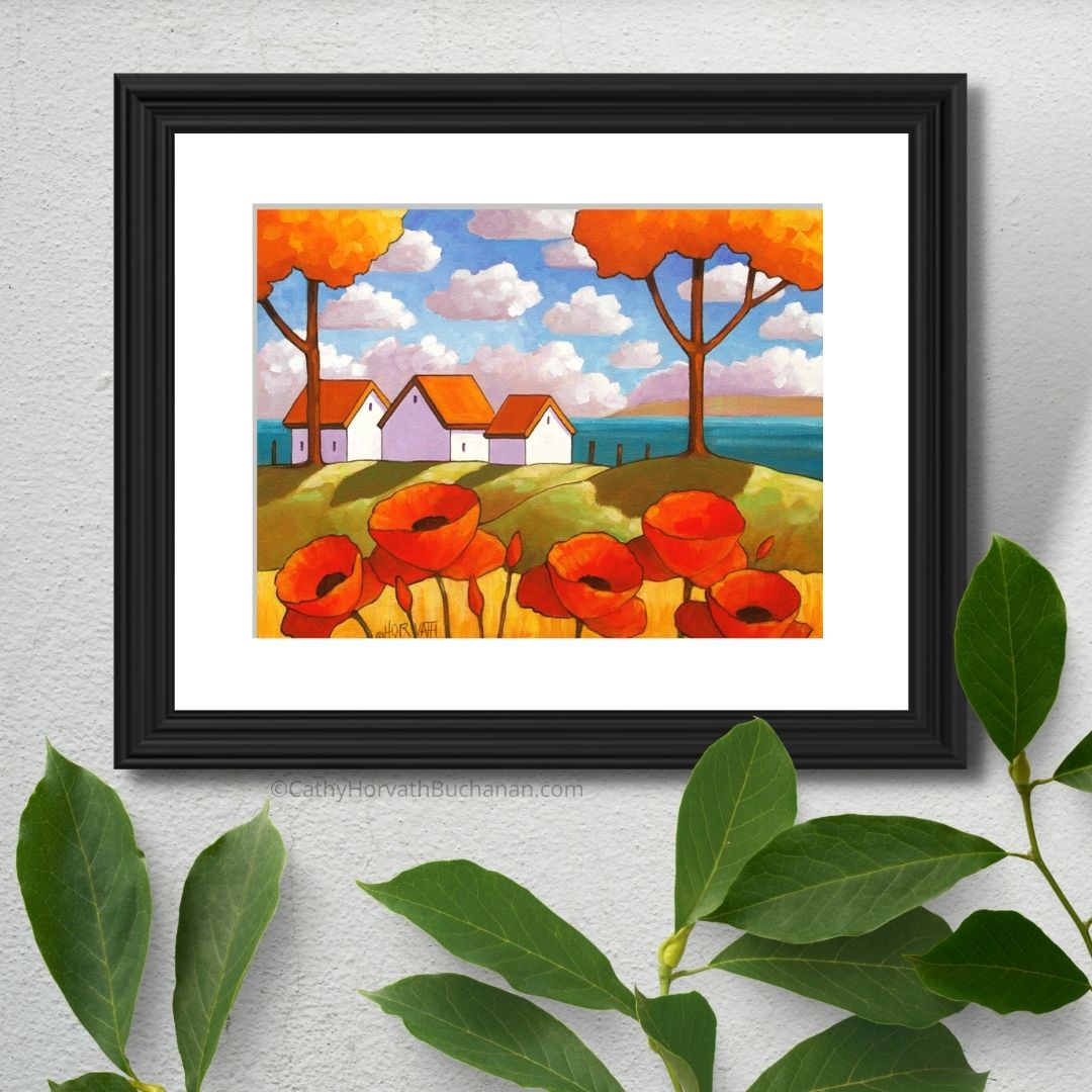 Red Poppies Ocean View, Coastal Modern Folk Art Print Giclee by artist Cathy Horvath Buchanan