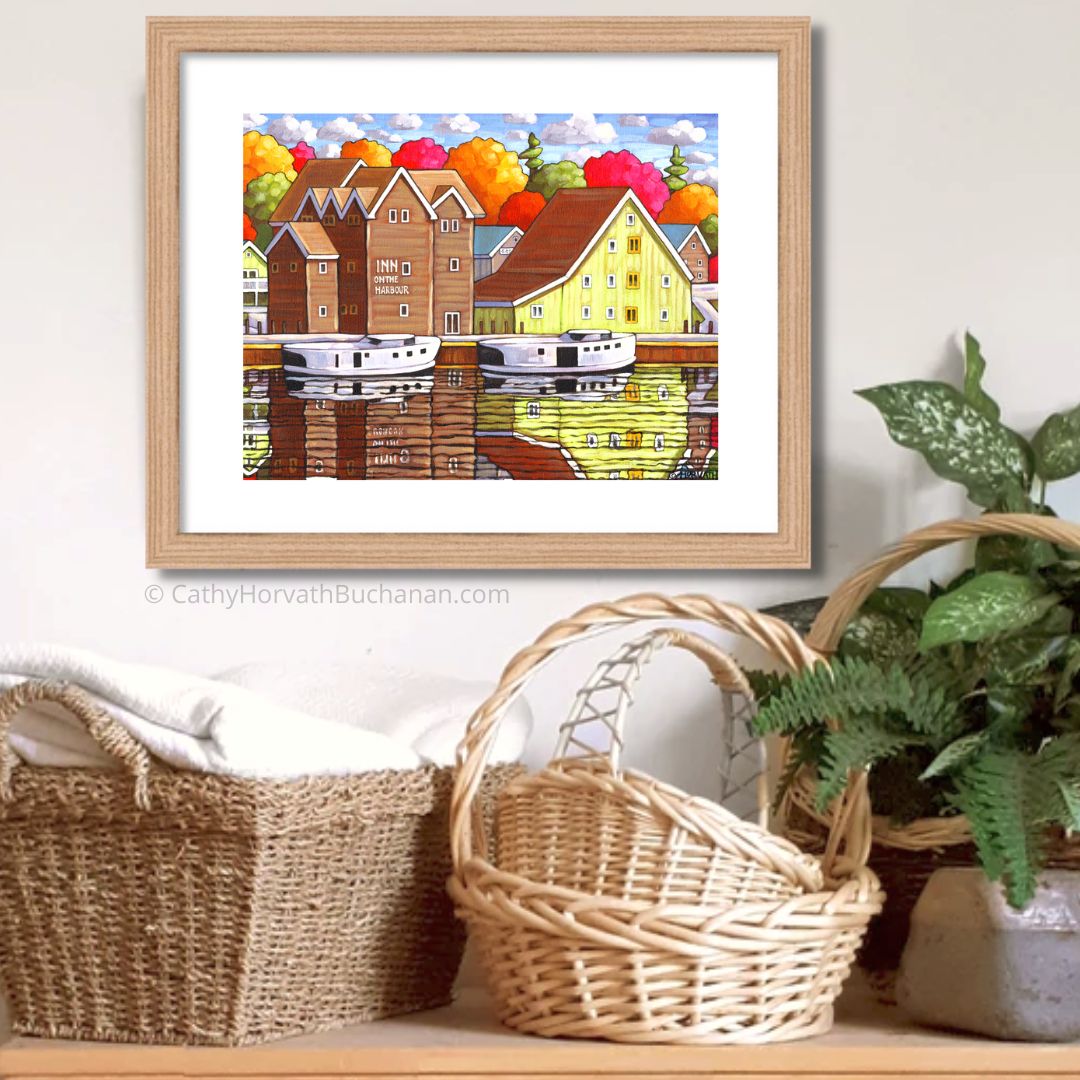 Port Stanley Inn on the Harbor, Scenic Coastal Lake View Folk Art Print by artist Cathy Horvath Buchanan