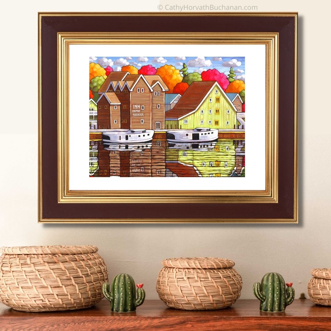 Port Stanley Inn on the Harbor, Scenic Coastal Lake View Folk Art Print by artist Cathy Horvath Buchanan