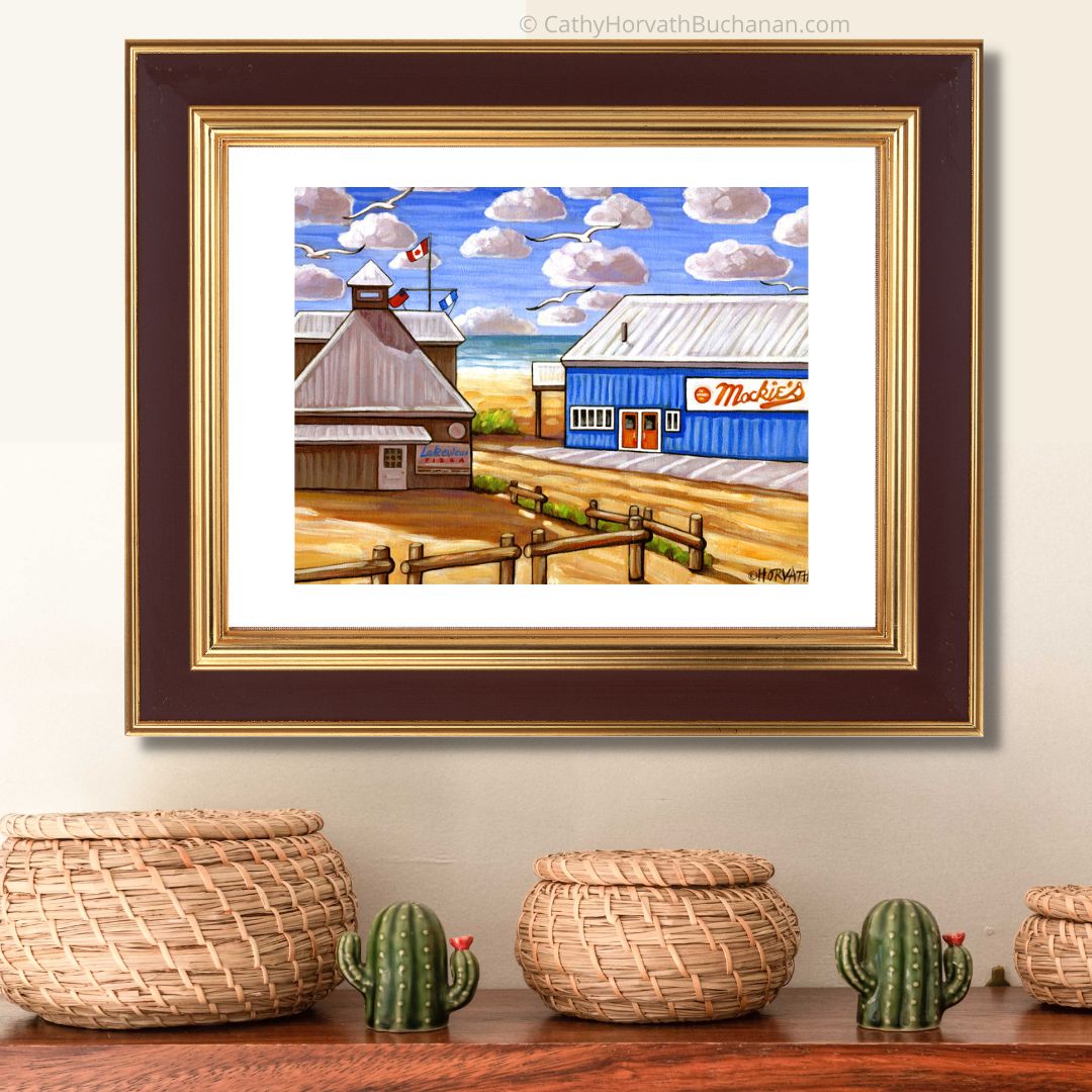 Port Stanley Mackies on the Beach, Historic Coastal Lakefront View Art Print by artist Cathy Horvath Buchanan