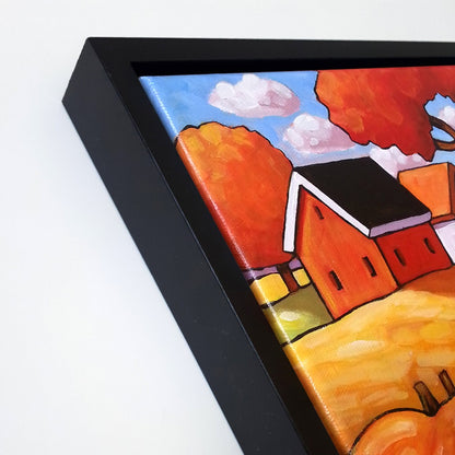 Pumpkin Tree Countryside Framed Original Painting, Fall Farm Landscape 8x10