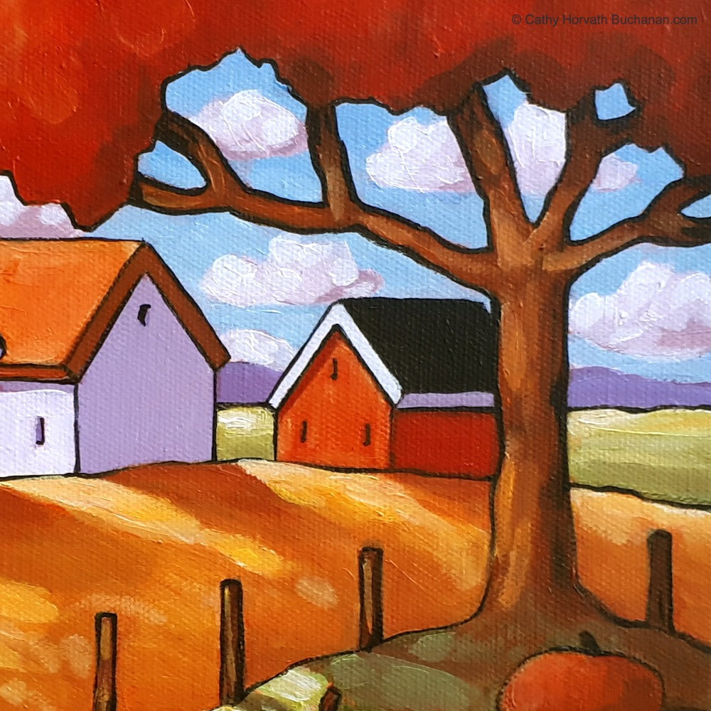 Pumpkin Tree Countryside Framed Original Painting, Fall Farm Landscape 8x10