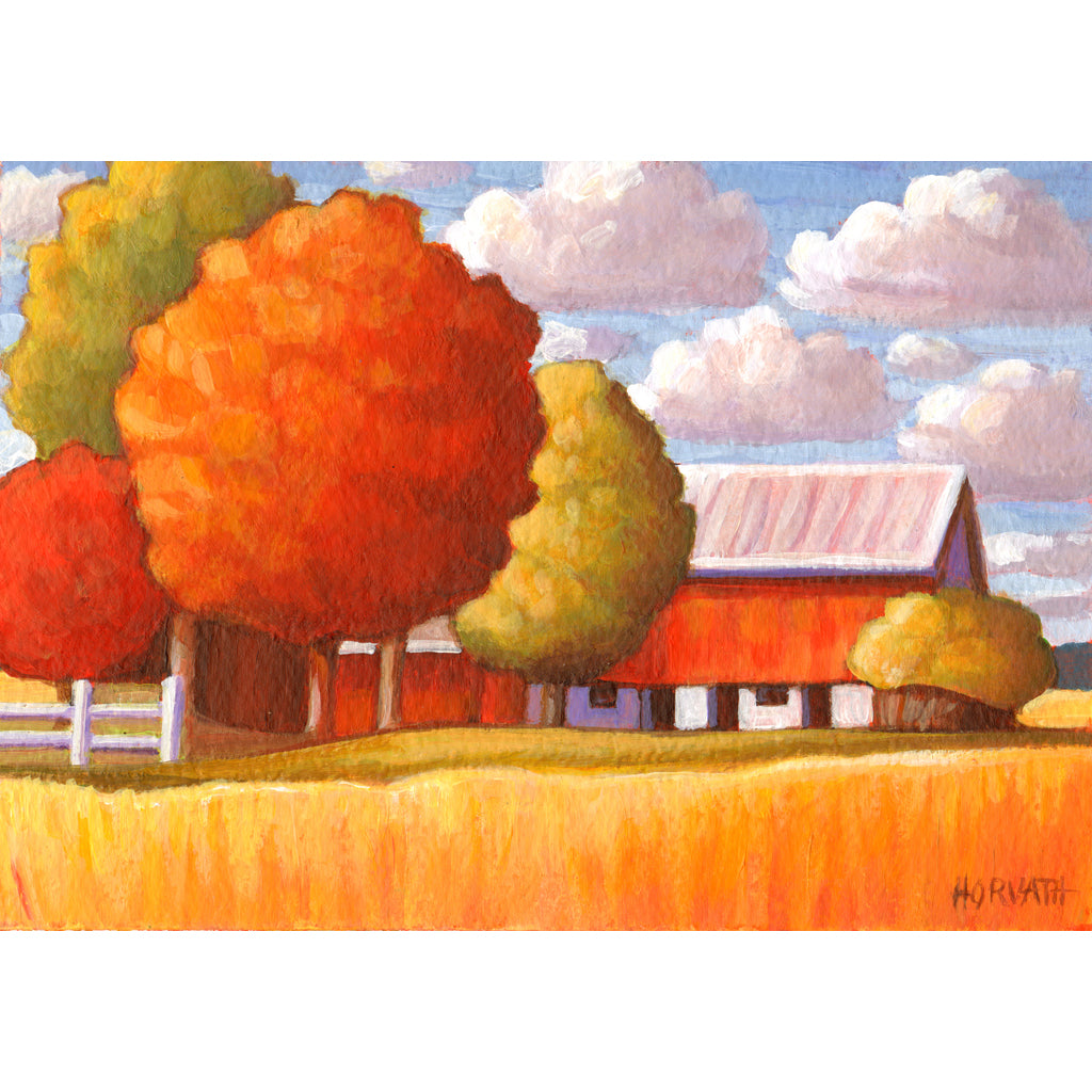 Red Barn Golden Fields - Original Painting on Paper