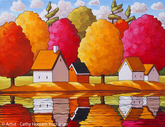 Fall Trees River Reflections Art Print, Autumn Colors Giclee by artist Cathy Horvath Buchanan