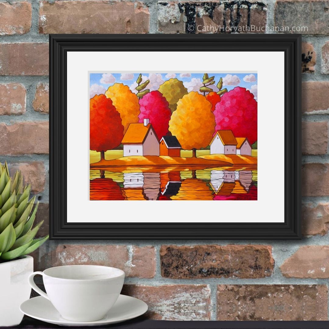 Fall Trees River Reflections Art Print, Autumn Colors Giclee by artist Cathy Horvath Buchanan