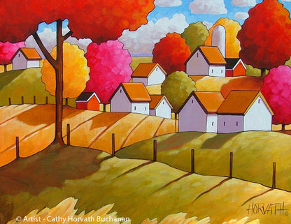 Country Rolling Fields Farm House, Folk Art Print, Rural Fall Giclee by artist Cathy Horvath Buchanan