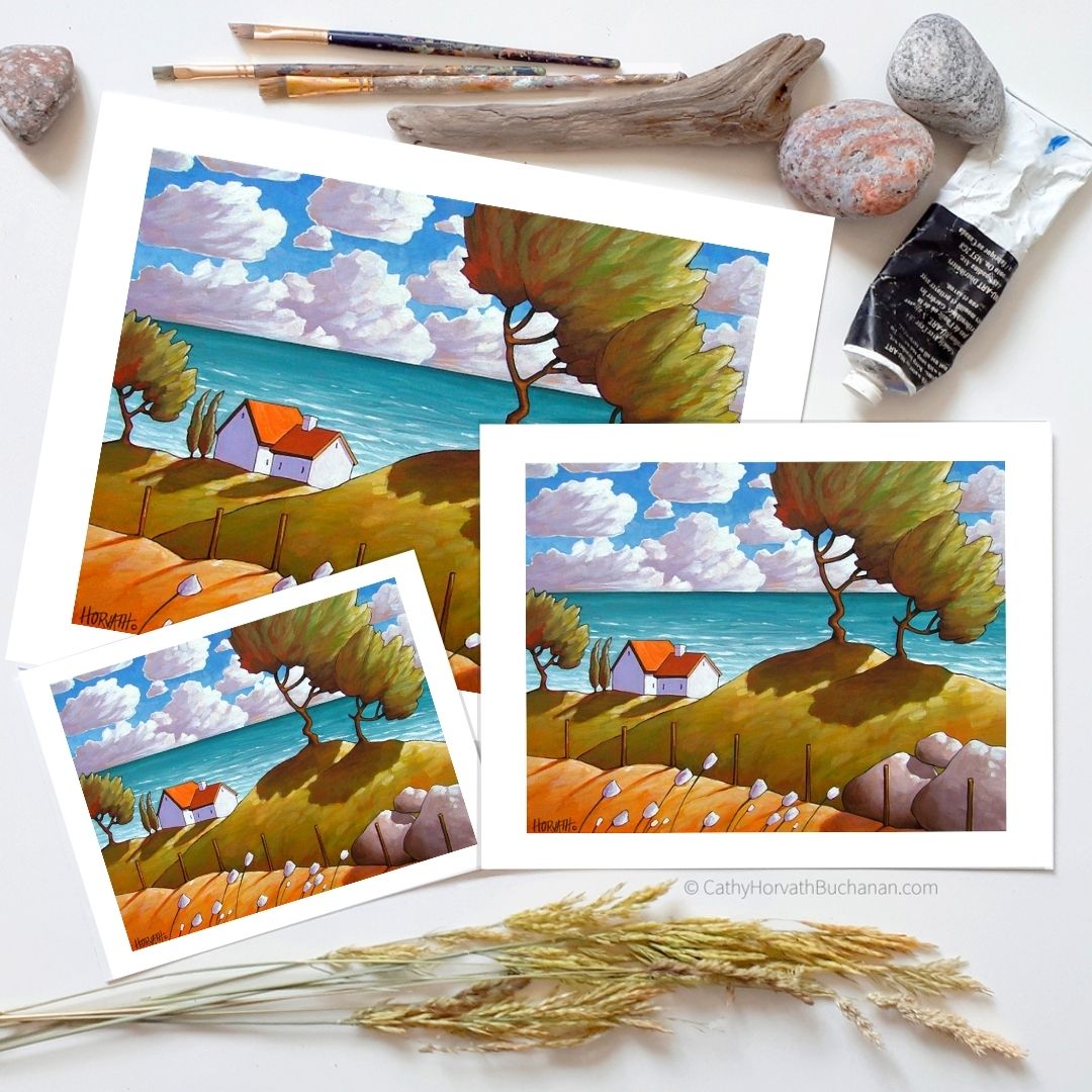 Seaside Winds Folk Art Print, Coastal Summer Seascape Giclee Artwork by artist Cathy Horvath Buchanan