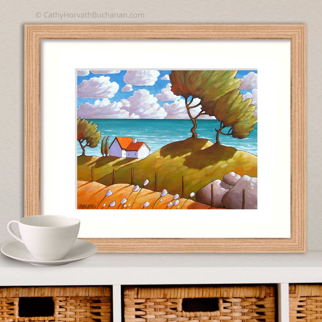 Seaside Winds Folk Art Print, Coastal Summer Seascape Giclee Artwork by artist Cathy Horvath Buchanan