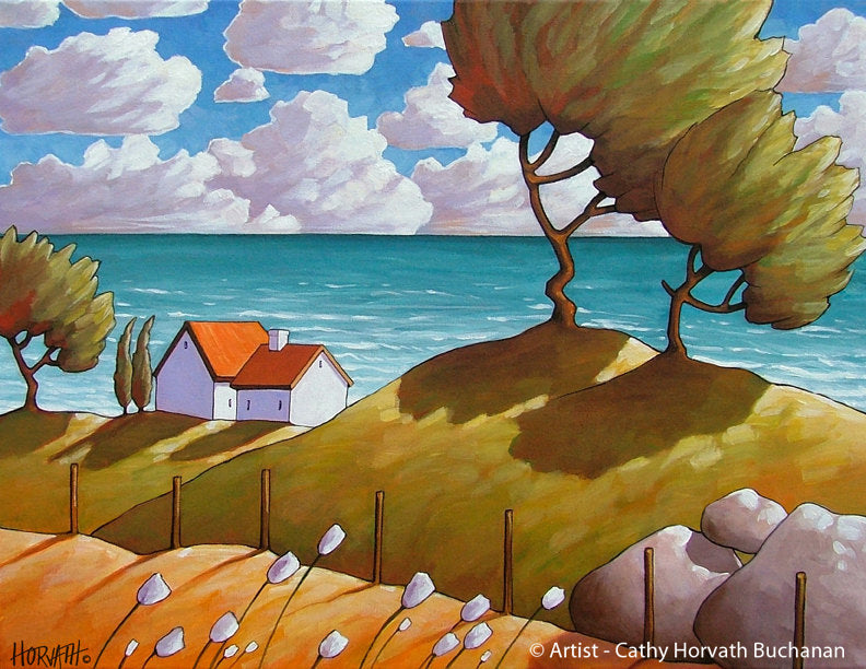 Seaside Winds Folk Art Print, Coastal Summer Seascape Giclee Artwork by artist Cathy Horvath Buchanan