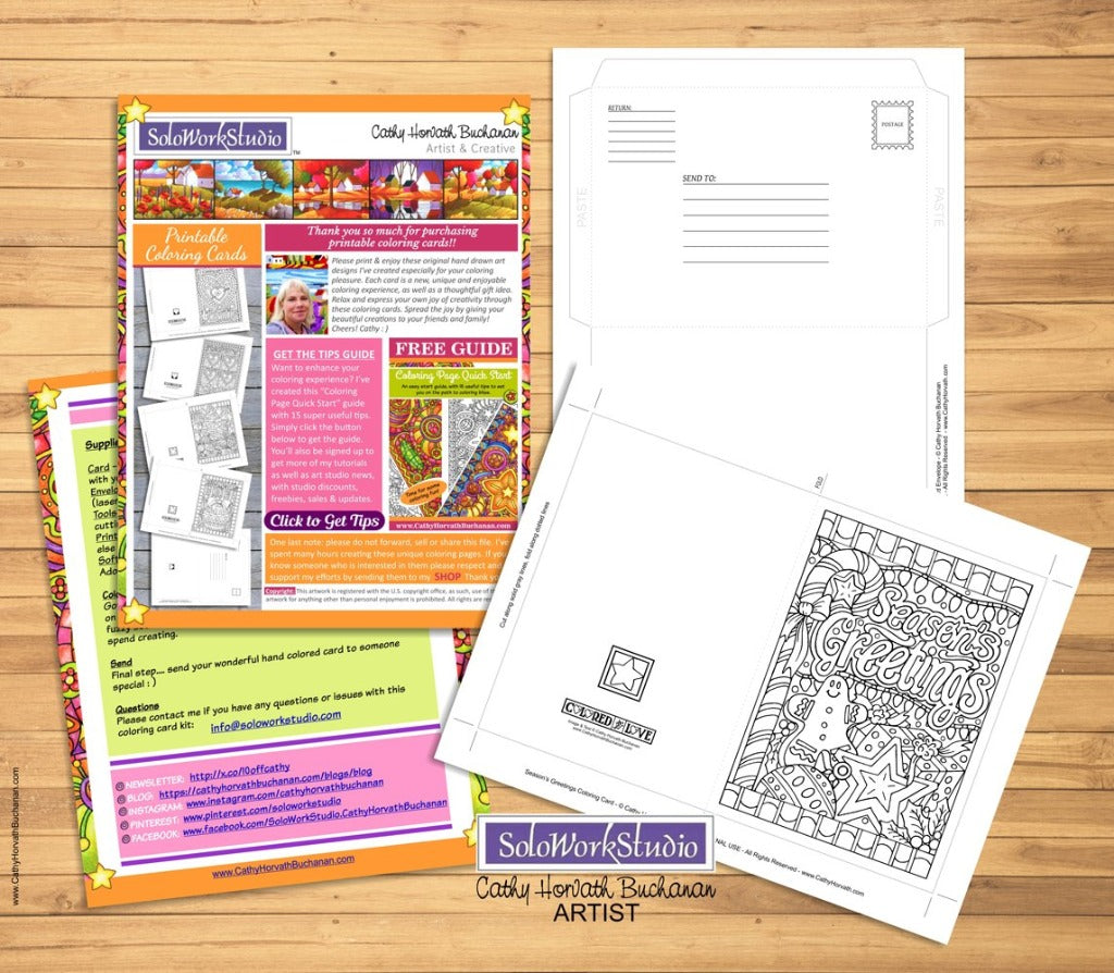 Seasons Greetings Coloring Card Kit, Card + Envelope PDF Download Printable by Cathy Horvath Buchanan