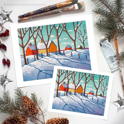 Winter Snow Tree Shadows, Seasonal Folk Art Print, Holiday Decor by Cathy Horvath Buchanan.