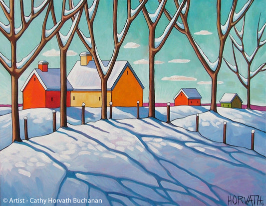 Winter Snow Tree Shadows, Seasonal Folk Art Print, Holiday Decor by Cathy Horvath Buchanan.