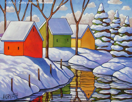 Snowy Day, Winter Stream Reflection Art Print, Christmas Day Giclee by artist Cathy Horvath Buchanan