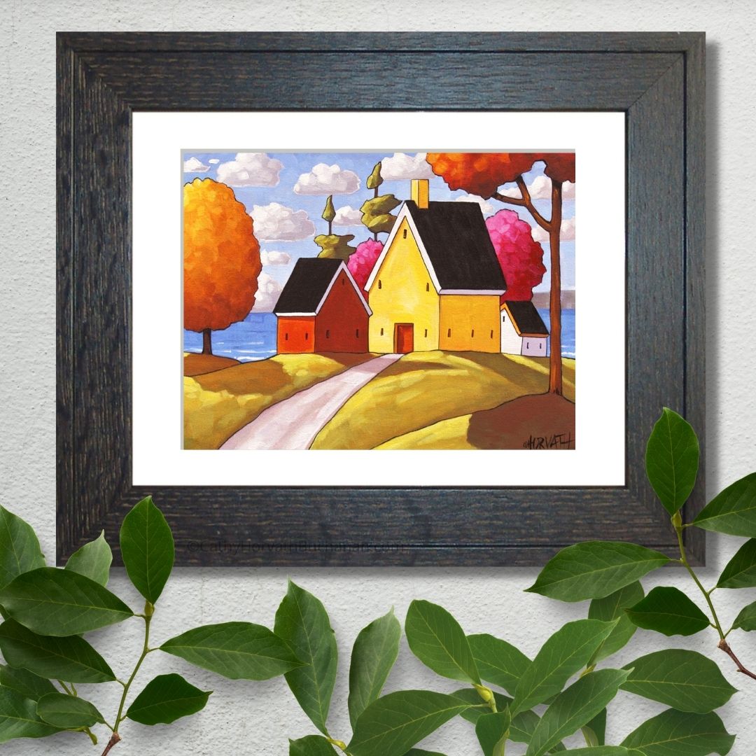 Summer Coast Cottages Folk Art Print, Colorful Ocean Seascape Giclee by artist Cathy Horvath Buchanan