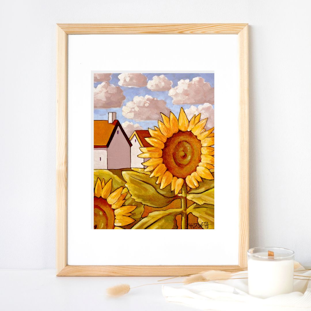 Sunflowers Cottages Scenic View Giclee, Garden Art Print  by Cathy Horvath Buchanan