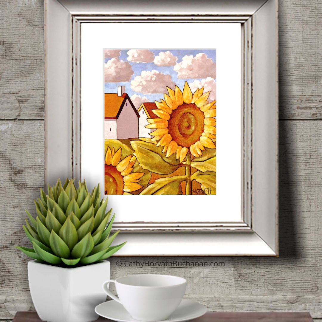 Sunflowers Cottages Scenic View Giclee, Garden Art Print  by Cathy Horvath Buchanan