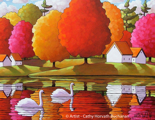 Swans Water Reflection Colors Art Print, Home Wall Decor Giclee by artist Cathy Horvath Buchanan