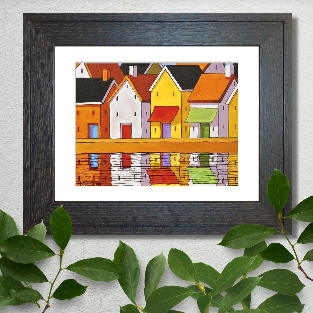 Town Pier Reflections Folk Art Print, Village Harbor Shops Giclee by Cathy Horvath Buchanan