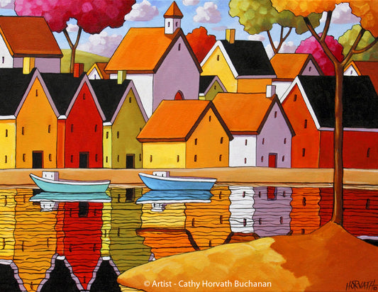 Town Harbor Reflection Art Print, Waterside Village & Boats Landscape Giclee by Cathy Horvath Buchanan