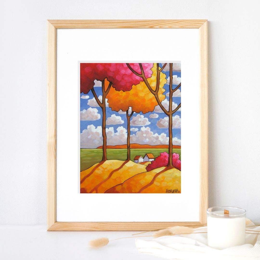 Colorful Treeside Clouds View, Modern Folk Art Print, Giclee Landscape by artist Cathy Horvath Buchanan