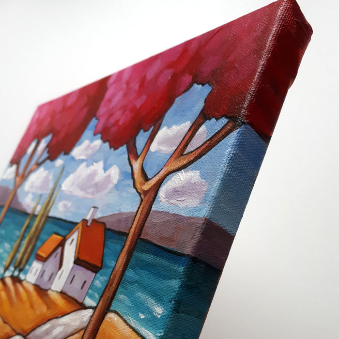Two Pink Trees Beach Road Framed Original Painting, Folk Art Coastal Landscape 12x12