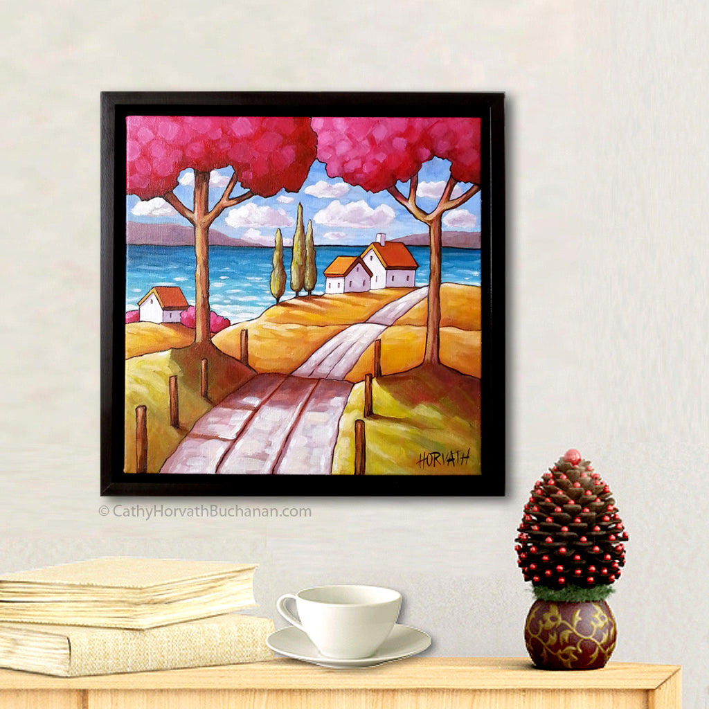 Two Pink Trees Beach Road Framed Original Painting, Folk Art Coastal Landscape 12x12