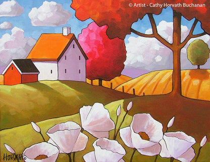 Country White Blooms Fields Folk Art Print, Modern Farmhouse Decor  by artist Cathy Horvath Buchanan