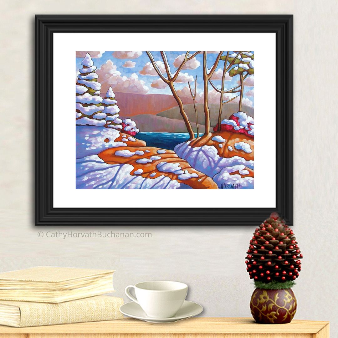 Winter Lake Snow Shadows Landscape, Giclee Art Print by Cathy Horvath Buchanan