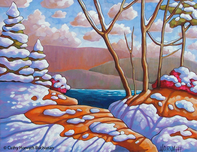 Winter Lake Snow Shadows Landscape, Giclee Art Print by Cathy Horvath Buchanan
