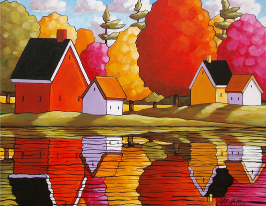 Autumn Cottage River Reflections, Fall Cabins with Colorful Trees, Folk Art Print Modern Landscape, Reproduction Giclee by artist Cathy Horvath Buchanan