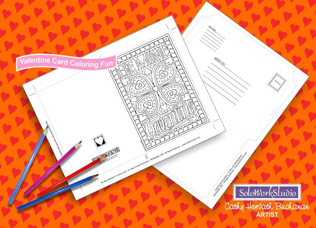 Valentine 4 pack Coloring Card Kit + Envelope, Instant Printable PDF by Cathy Horvath Buchanan