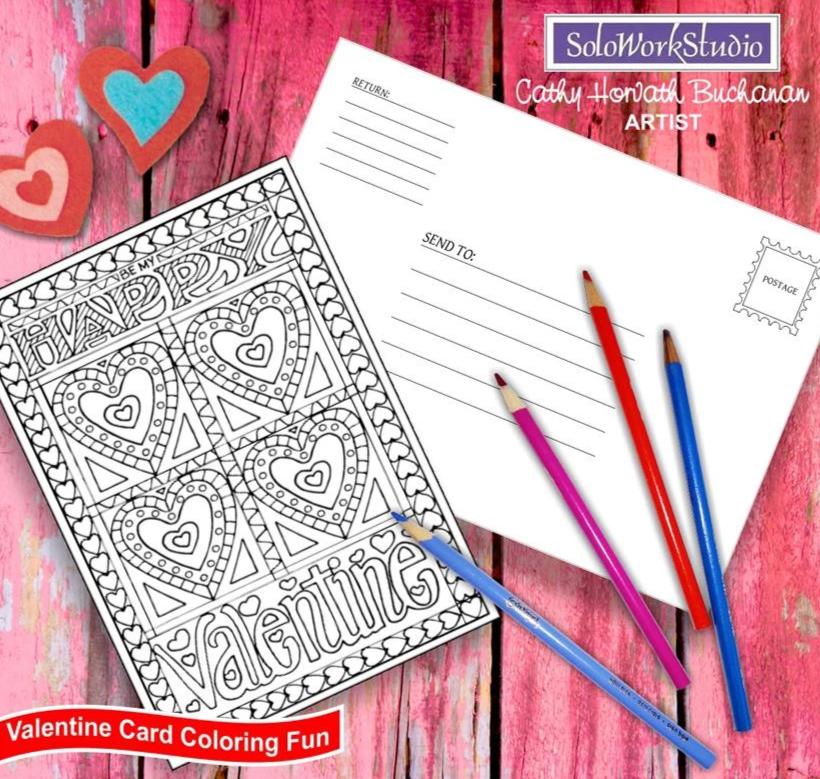 Be My Happy Valentine, Coloring Kit Card + Envelope, PDF Instant Download by Cathy Horvath Buchanan