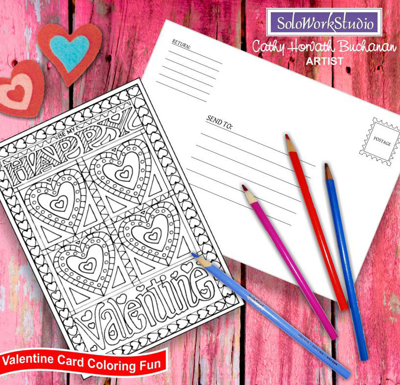 happy valentines day coloring card kit by artist Cathy Horvath Buchanan