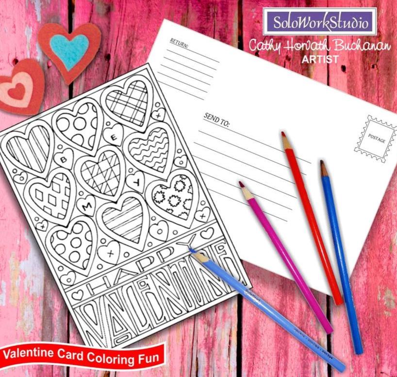 Be My Happy XO Valentine, Coloring Kit Card + Envelope, PDF Instant Download by Cathy Horvath Buchanan