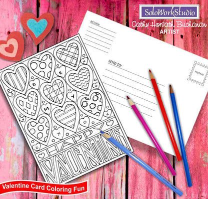 happy valentine coloring card kit by artist Cathy Horvath Buchanan