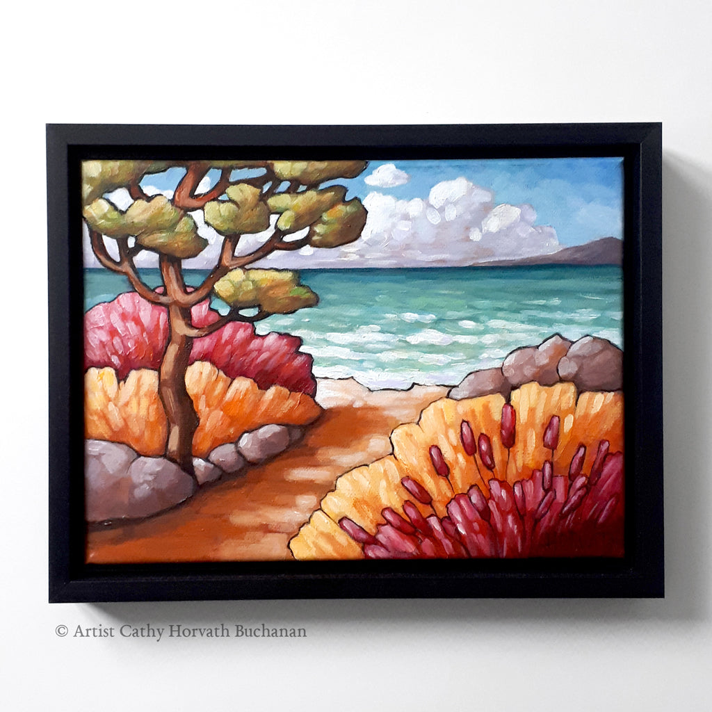 Beach Path Garden Framed Original Painting, Folk Art Coastal Seascape View 9x12