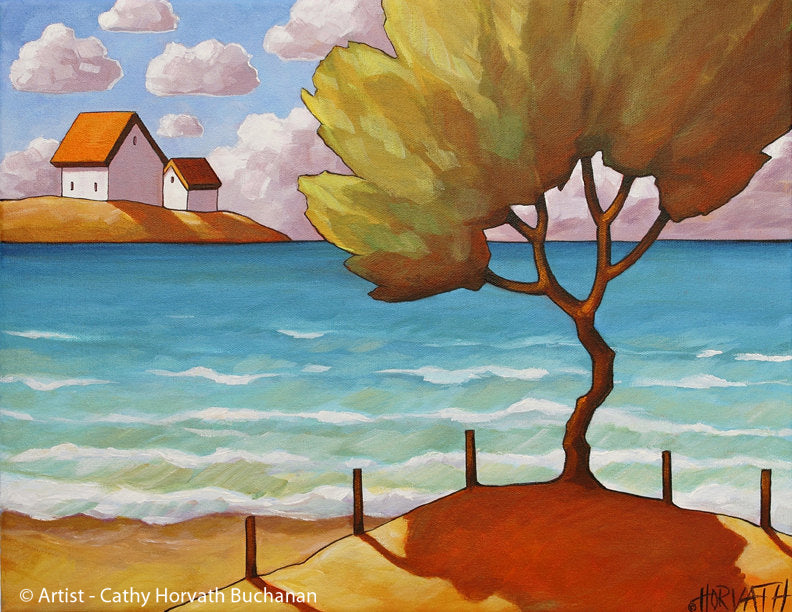 Beach Tree Cottages Seaside Summer Art Print, Coastal Giclee by artist Cathy Horvath Buchanan