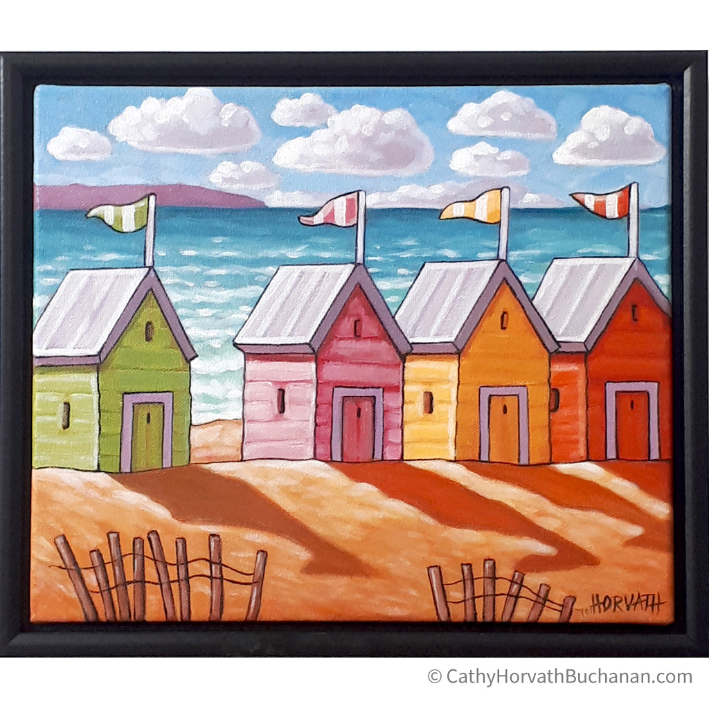 Beach Huts Coastal Framed Original Painting, Seascape 10x12 by artist Cathy Horvath Buchanan