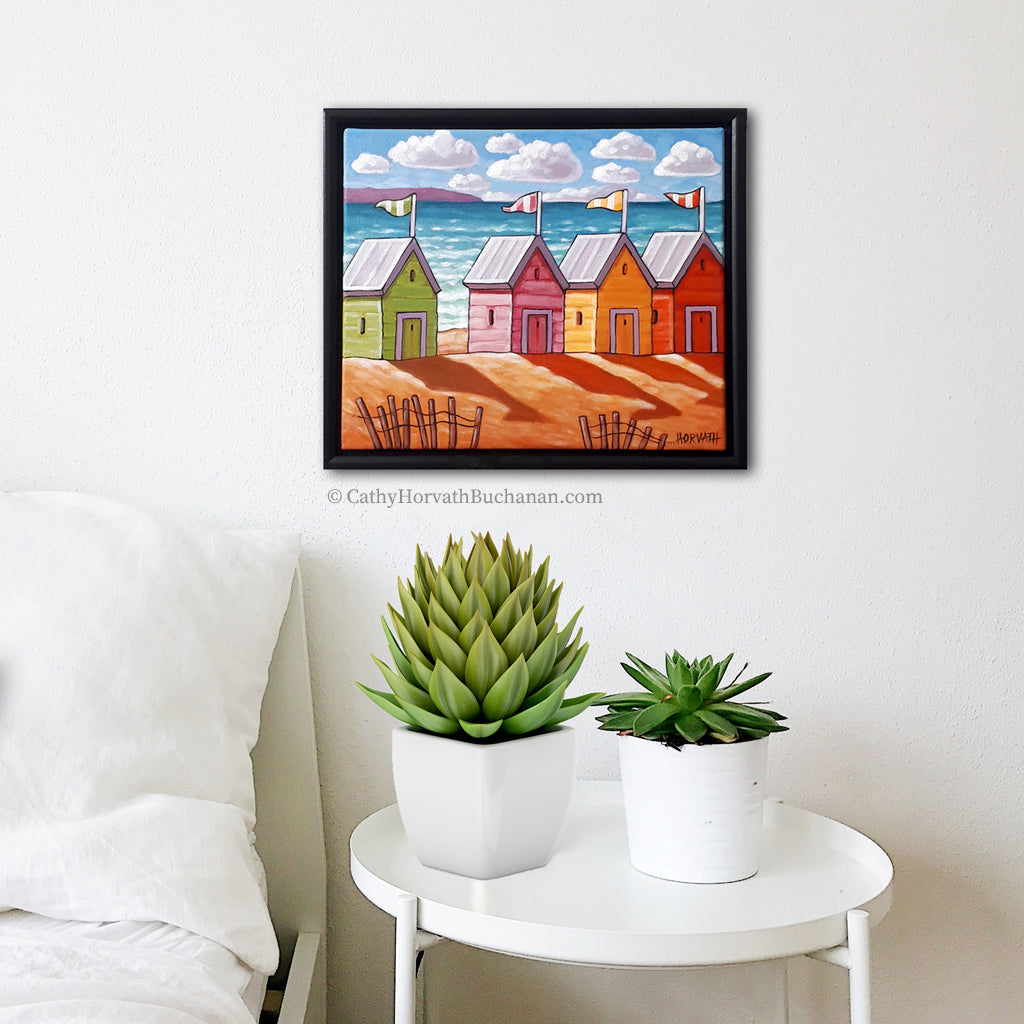 Beach Huts Coastal Framed Original Painting, Seascape 10x12 by artist Cathy Horvath Buchanan