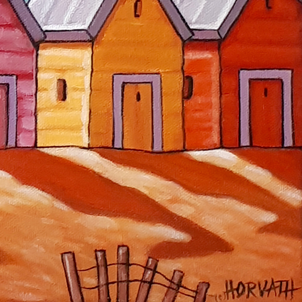 Beach Huts Coastal Framed Original Painting, Seascape 10x12 by artist Cathy Horvath Buchanan