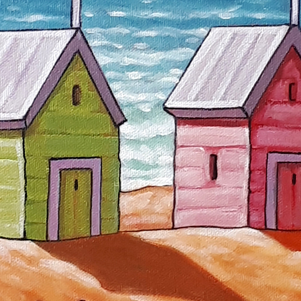 Beach Huts Coastal Framed Original Painting, Seascape 10x12 by artist Cathy Horvath Buchanan